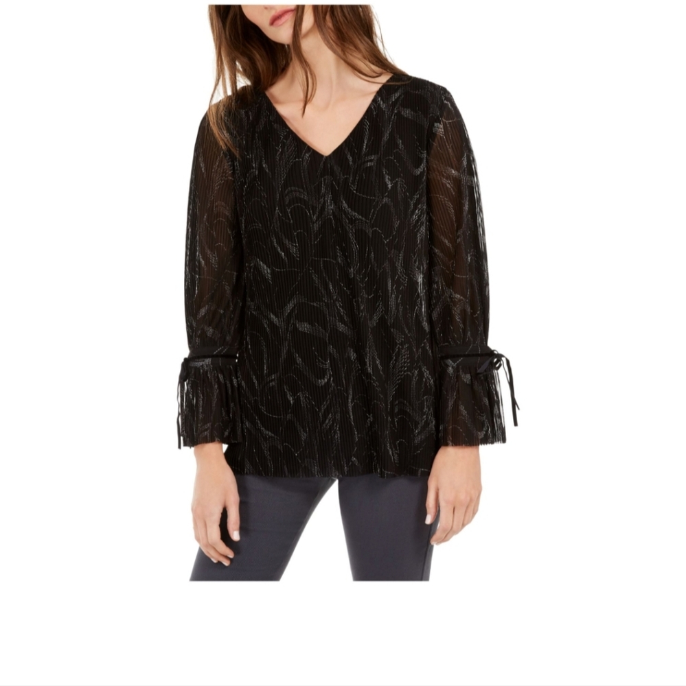 ALFANI Pleated Overlay Tie Cuff Lace Blouse MODERN ANIMAL XL BLACK BNWT SO $90